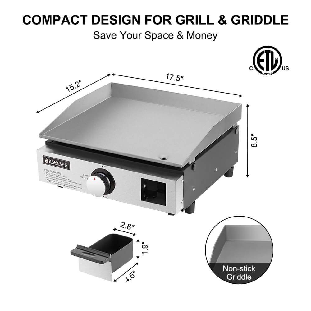Camplux Portable Griddle Grill Combo for RV, Camping and Tailgating - 17 Inch 15,000 BTU